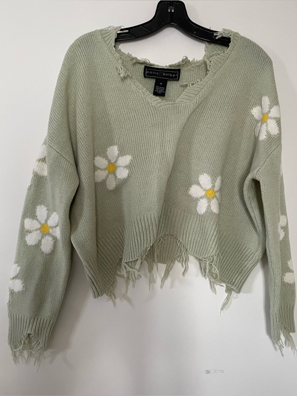 Polly Esther Knit Sweater Womens Medium Green Daisy Cottagecore Artsy